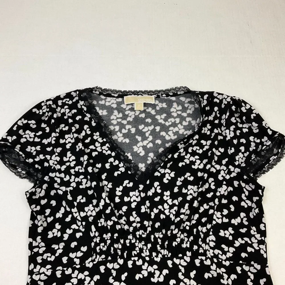 Michael Kors Womens Lace Blouse Black White Stretch Short Sleeve Shirt M Medium